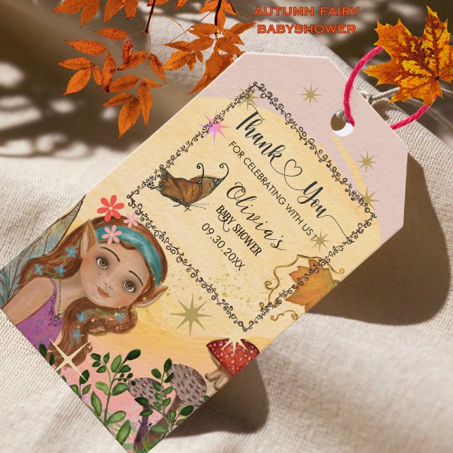 Förändrad Tack för höstsaga för babyskor Presentetikett (Enchanted Autumn Fairy Baby Shower Thank You Gift Tags)