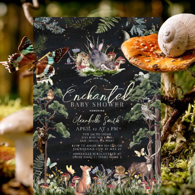 Förändrad trädstödsskö för skogar inbjudningar (Enchanted Forest Woodland Animals Baby Shower Invitation)