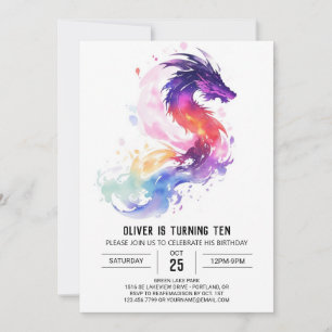 Förändrad vattenfärg Kids Dragon Birthday Inbjudningar