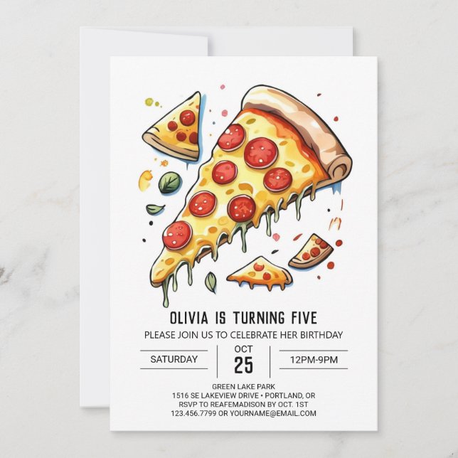 Förändrad vattenfärg Pizza Birthday Inbjudningar (Framsida)