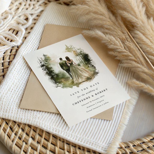 Förändrad vattenfärgsskog Bohemian Spara datum Inbjudningar (Enchanted Forest Save the Date )