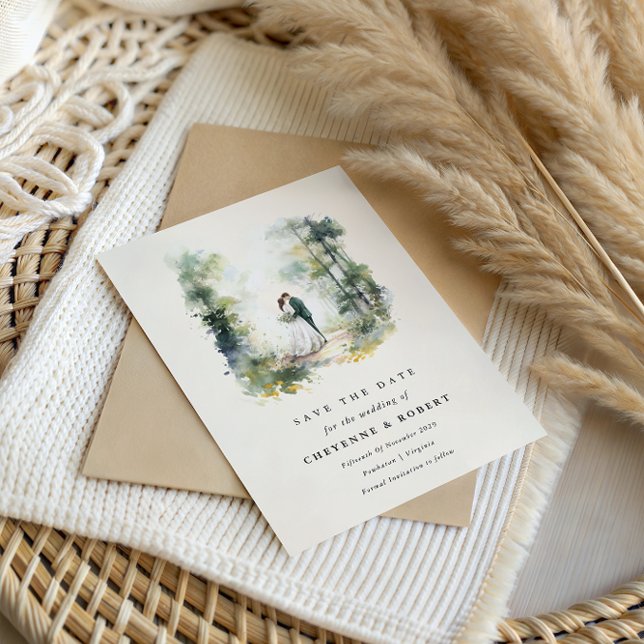 Förändrad vattenfärgsskog Bohemian Spara datum Inbjudningar (Enchanted Forest Wedding Save the Date)