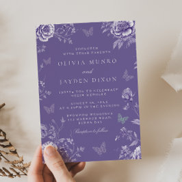 Förändrad Vintage Lila Butterfly Blommigt Bröllop Inbjudningar