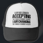 Förändring av citat för inspirationspolitisk aktiv keps<br><div class="desc">Jag accepterar inte längre det sak som jag inte kan ändra, jag byter det sak som jag inte kan acceptera. Gör skillnad, ta ställning med den coola politik-prydnaden för en stark feminist. En politisk aktivist i fantastisk som vill demonstrera och demonstrera med inspirerande citat för att kräva förändring, jämlika höger...</div>