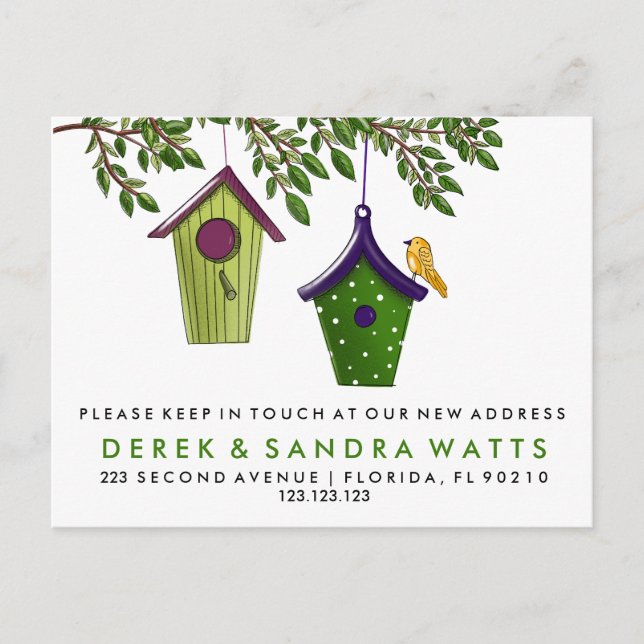 Förändring av fågelboxar i adress vi har flyttat meddelande vykort (Framsida)