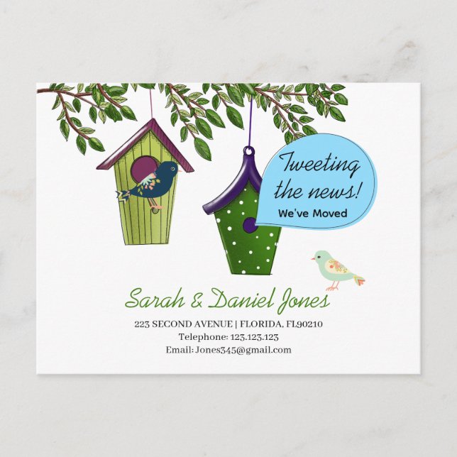 Förändring av fågelboxar i adress vi har flyttat meddelande vykort (Framsida)