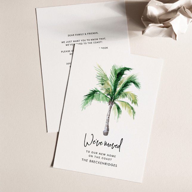 Förändring av Flytta om Adress vid handflatan Träd (Coastal Palm Tree Script Moving Announcement Card)