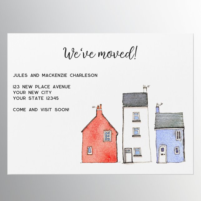 Förändring av magnetkort för vattenfärg i Adress (New home moving announcement magnetic card with watercolour houses and cottages and custom text)