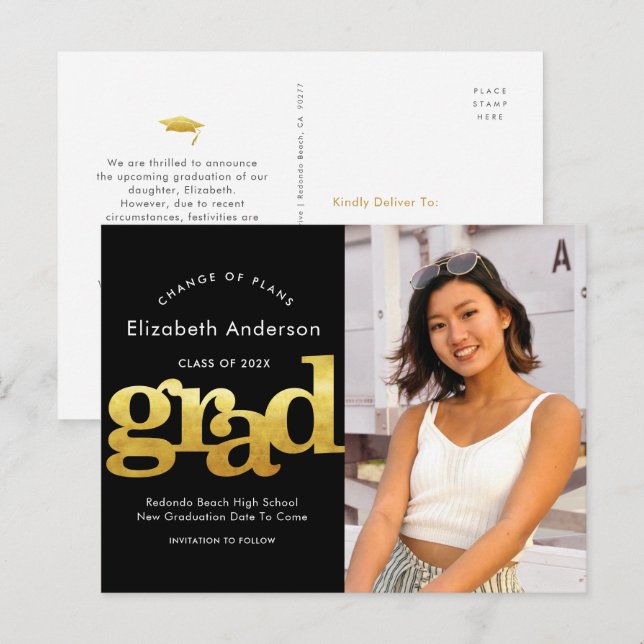 Förändring av studenten guld svarta typografi inbjudan vykort (Fram/baksida)