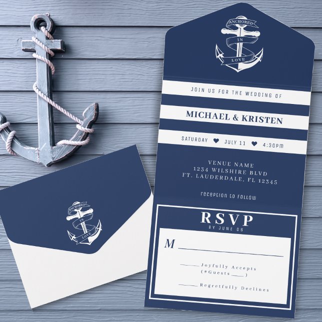 Förankrad i Kärlek Nautical Blue Anchor Bröllop (Anchored in Love Nautical Blue Anchor Wedding All In One Invitation
)