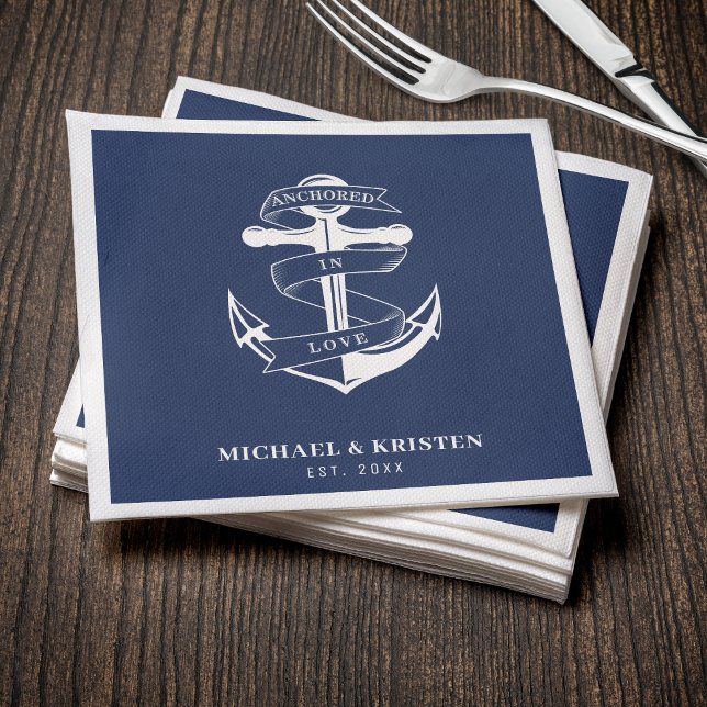 Förankrad i Kärlek Nautical Blue Anchor Bröllop Pappersservett (Anchored in Love White Nautical Anchor Wedding Napkins
)
