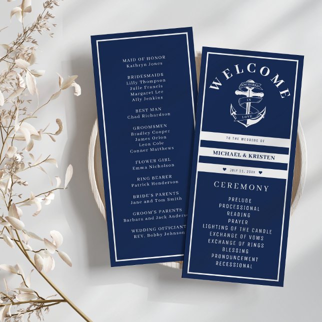 Förankrad i Kärlek Nautical Blue Anchor Bröllop Program (Anchored in Love Nautical Blue Anchor Wedding Program
)