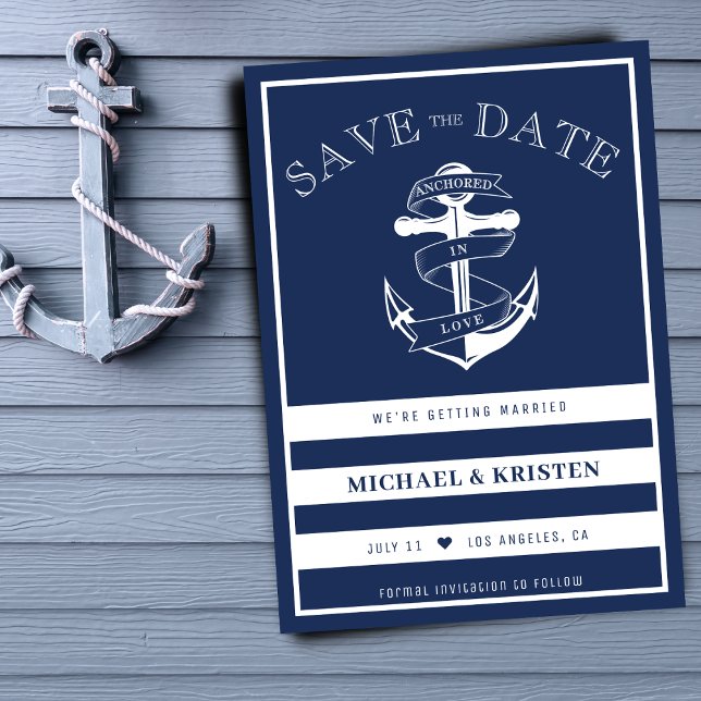 Förankrad i Kärlek Nautical Blue Anchor Bröllop Spara Datumet (Anchored in Love Nautical Blue Anchor Wedding Save The Date
)