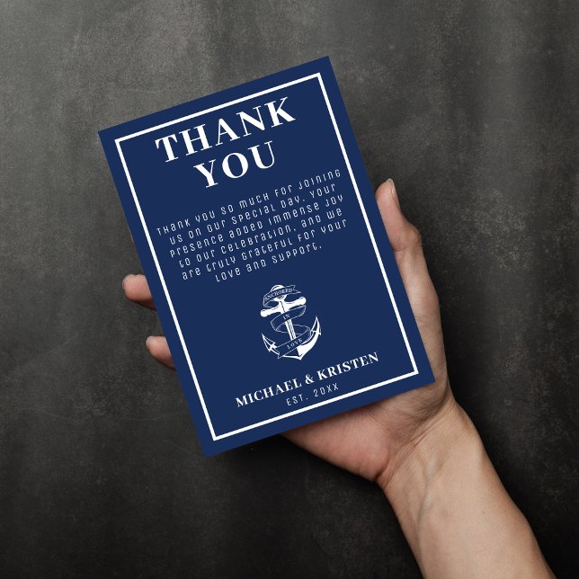 Förankrad i Kärlek Nautical Blue Anchor Bröllop Tack Kort (Anchored in Love Nautical Blue Anchor Wedding Thank You Card
)
