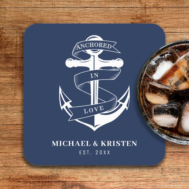 Förankrad i Kärlek Nautical Blue Anchor Bröllop Underlägg Papper Kvadrat (Anchored in Love Nautical Blue Anchor Wedding Square Paper Coaster
)
