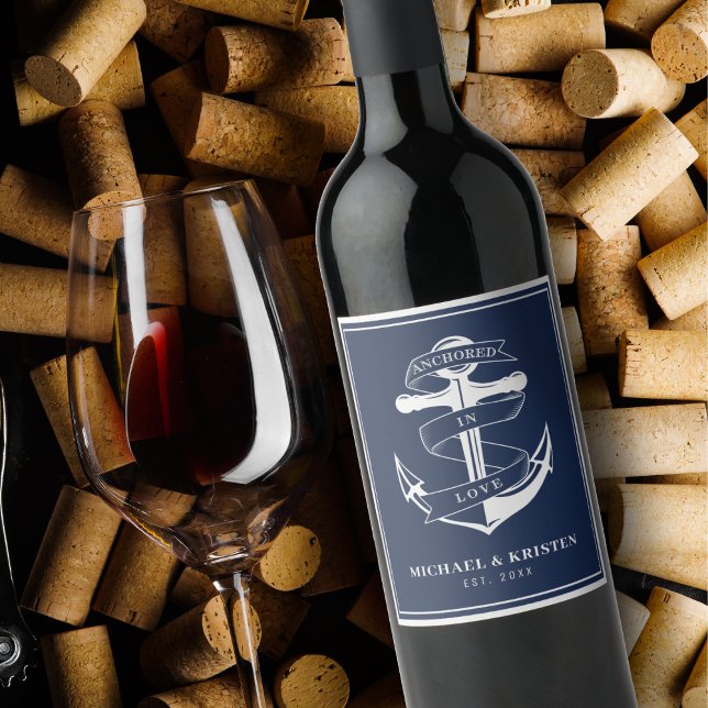 Förankrad i Kärlek Nautical Blue Anchor Bröllop Vinflaska Etikett (Anchored in Love Nautical Blue Anchor Wedding Wine Label
)