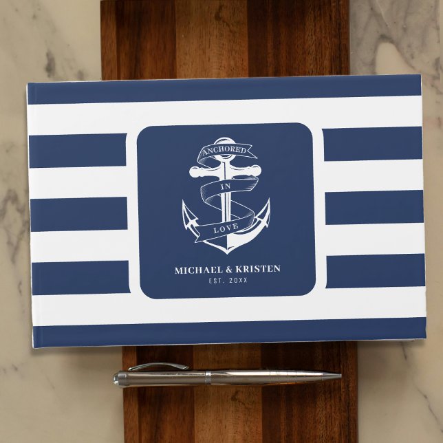 Förankrad i Kärlek Nautical Blue Anchor Stripe Gästböcker (Anchored in Love Nautical Blue Anchor Striped Guest Book
)