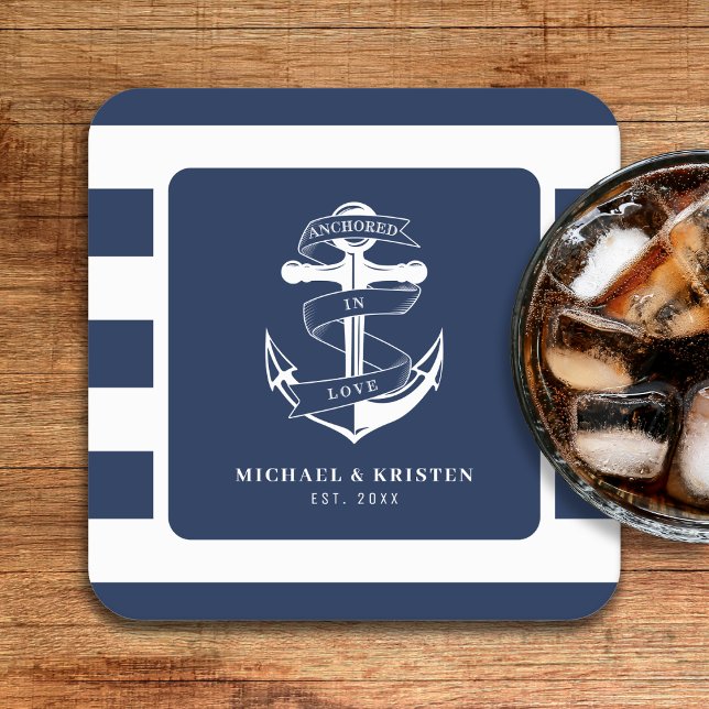 Förankrad i Kärlek Nautical Blue Anchor Stripe Underlägg Papper Kvadrat (Anchored in Love Nautical Blue Anchor Striped Square Paper Coaster
)