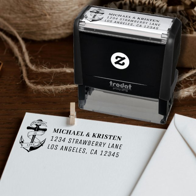 Förankrad i kärlek Nautilusankare Bröllopsadress Självfärgande Stämpel (Anchored in Love Nautical Anchor Wedding Address Self-inking Stamp
)