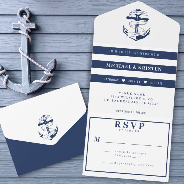 Förankrad i Kärlek White & Blue Anchor Bröllop (Anchored in Love White & Blue Anchor Wedding All In One Invitation
)