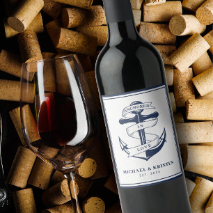 Förankrad i Kärlek White Nautical Anchor Bröllop Vinflaska Etikett