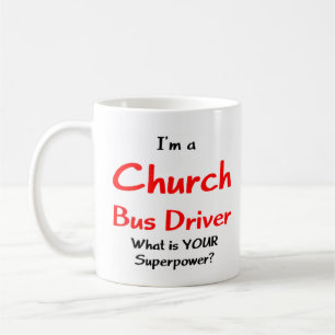 Förare i buss, kyrka kaffemugg