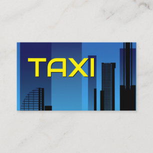 Förarhytten för taxi med blått cityskylin i gult visitkort
