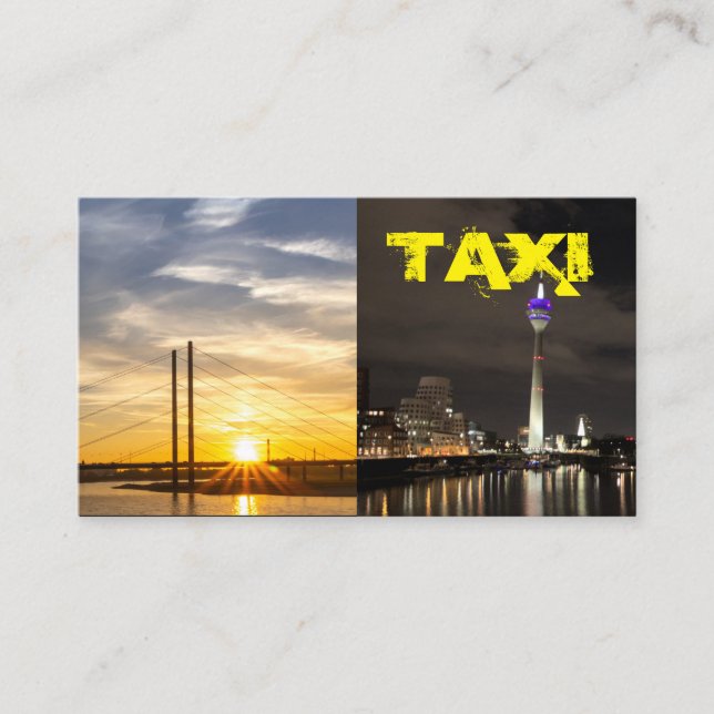 Förarhytten för taxi under gult dag och natt visitkort (Framsida)