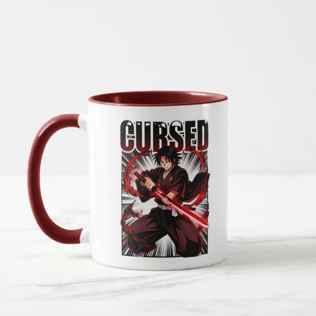 Förbannad – Mörk Anime-Style Katana Krigare Grafik Mugg (Vänster)