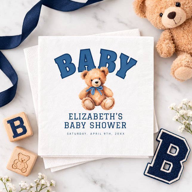 Förberedande Universitetsbjörn Babykalas Pappersservett (Preppy Varsity Teddy Bear Baby Shower Napkins)