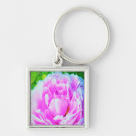 Förbluffande Dubbla Rosa Peony Flower Detail Fyrkantig Silverfärgad Nyckelring