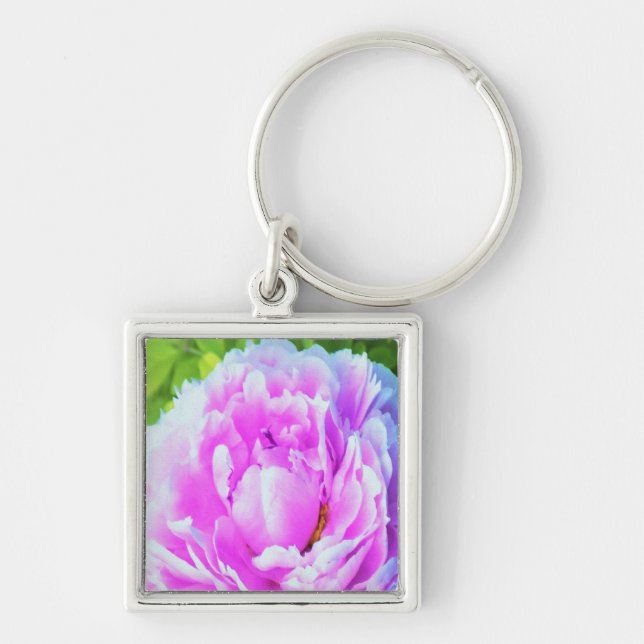 Förbluffande Dubbla Rosa Peony Flower Detail Fyrkantig Silverfärgad Nyckelring (Framsidan)