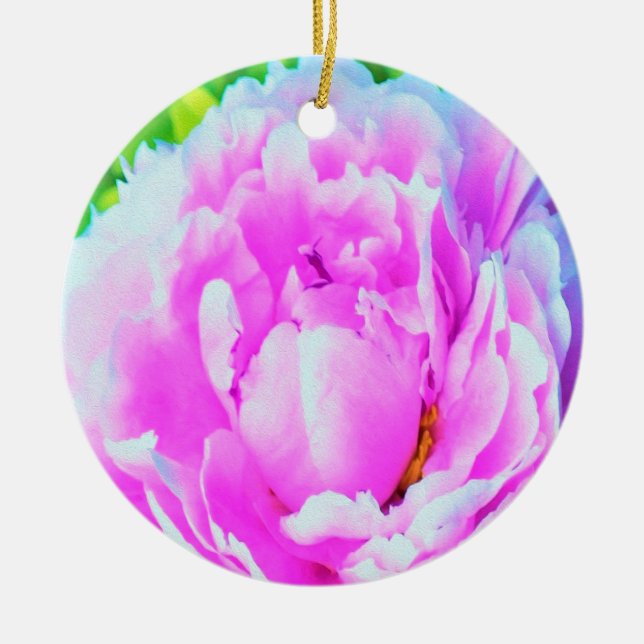 Förbluffande Dubbla Rosa Peony Flower Detail Julgransprydnad Keramik (Framsidan)