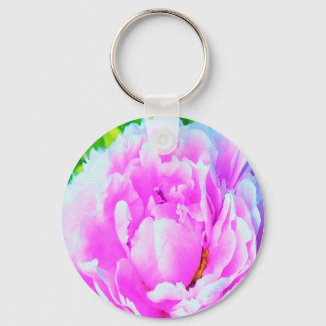 Förbluffande Dubbla Rosa Peony Flower Detail Nyckelring (Framsida)