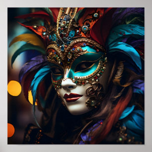 Förbluffande kvinna i mardi gras mask Poster