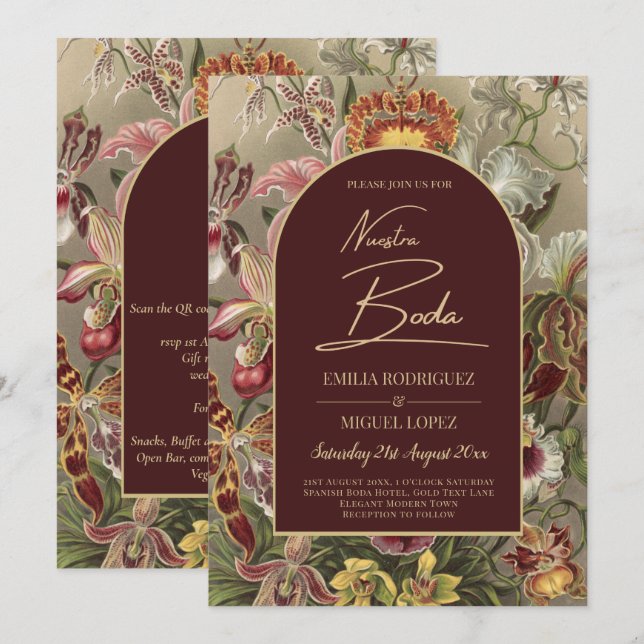 Förbluffande Vintage botaniskt Burgundy Blommigt W Inbjudningar (Fram/baksida)