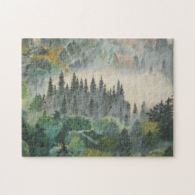 Förbrylla skogen på gryning pussel (Horisontell)