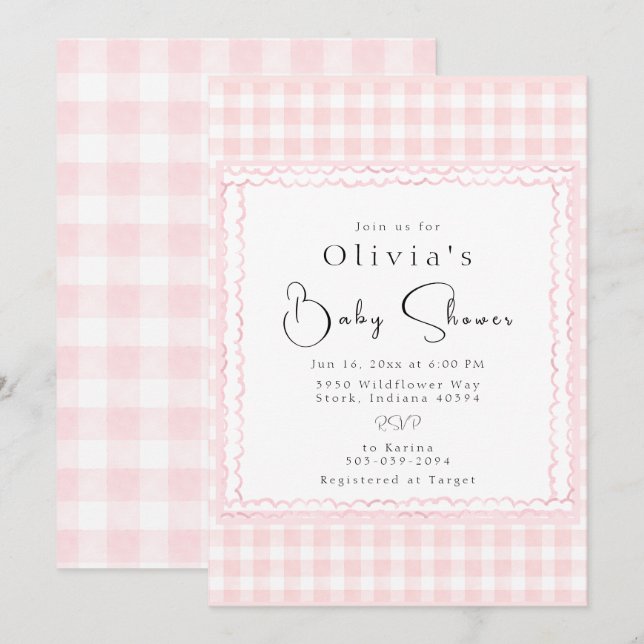 Fördärvlig inbjudan till Rosa Gingham Baby Shower (Fram/baksida)