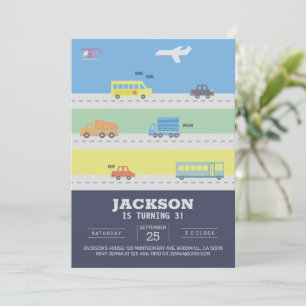Fordon, Lastbilar, flygplan, Cars Blue Birthday Inbjudningar