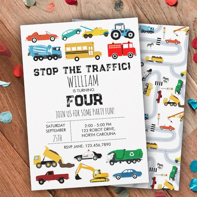 Fordon Transport Cars Lastbilar Boys Birthday Inbjudningar (Vehicles Transportation Cars Trucks Boys Birthday Invitation)