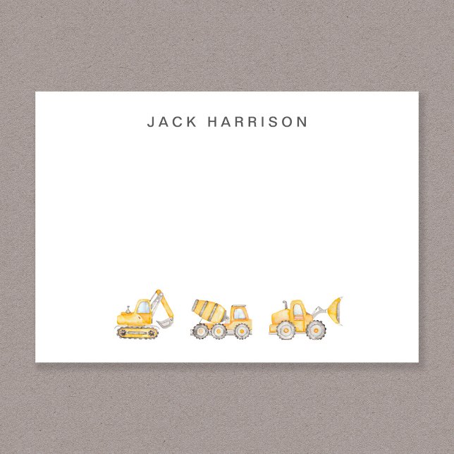Fordon Watercolor Boys Monogrammed Anteckningskort (Construction Vehicles Watercolor Boys Monogrammed Note Card)