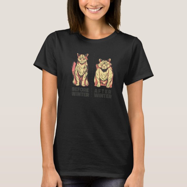 Före Efter Vinter Katt  Maine Coon Kläder T Shirt (Framsida)