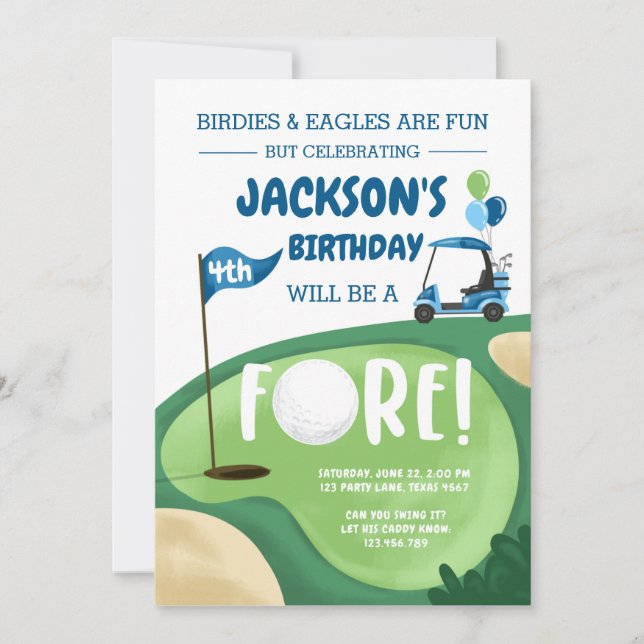 FORE Golf Boy Fjärde födelsedagspresen Golfing Fyr Inbjudningar (Framsida)
