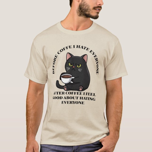 Före kaffet åt jag alla svarta Cat Funny Manar T Shirt (Framsida)