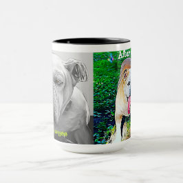 Före kaffet, efter kaffe, sömnig kontra perky-hund mugg