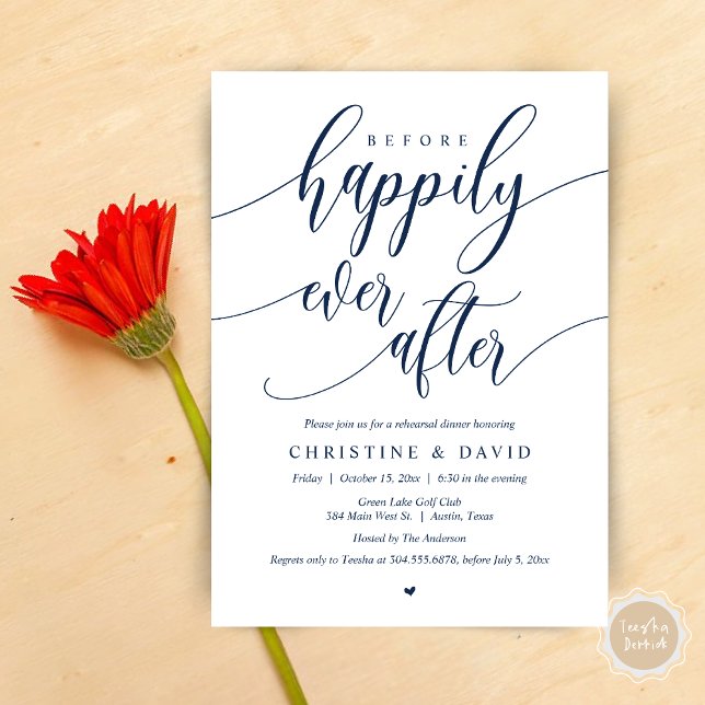 Före lyckligtvis alltid efter, repetitionsmiddag inbjudningar (Before Happily Ever After, Modern Wedding Rehearsal Dinner Invitation Card, PDF, in Navy Blue)