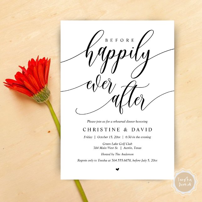 Före lyckligtvis alltid efter, repetitionsmiddag inbjudningar (Before Happily Ever After, Modern Wedding Rehearsal Dinner Invitation Card, PDF, in Black and White)