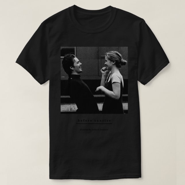 Före Sunrise Sunset Midnight Richard Linklater J T Shirt (Design framsida)