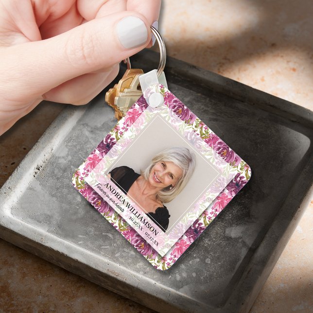 Föregående i vår minnesstund för fotofoto-Blommigt Nyckelring (Forever in our Hearts photo on floral background double-sided keepsake keychain)