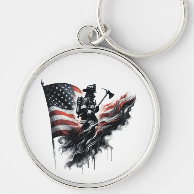 Förenade Stater Flagga. Firefighter Rund Silverfärgad Nyckelring (Framsidan)